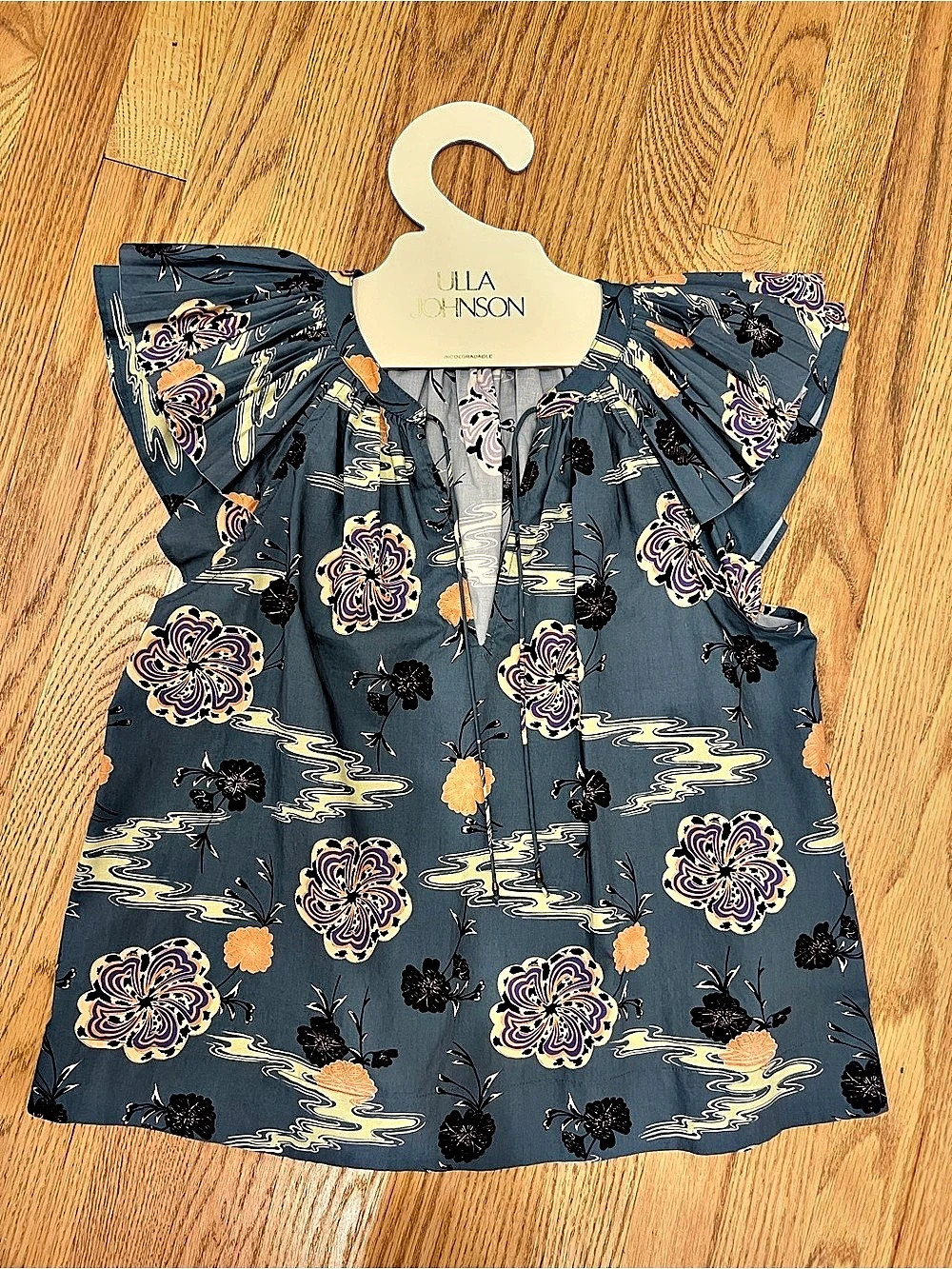 Ulla Johnson Floral Flutter Sleeve Blouse in Blue Size small